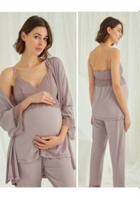 Resim Birolgaye 1767 Pudra Modal Penye Hamile Lohusa 3 Lü Pijama Sabahlık Tk 