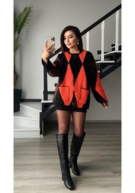 Resim Siyah - Neon Oranj Baklava Desen Cepli Hırka Siyah 