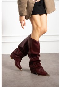 Resim Shoetek Lavem Kadın Çizme Kovboy Körüklü Bordu Mat Deri Bordo 