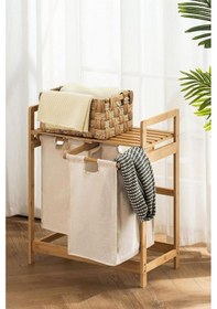 Resim Digithome Bambu 2 Bölmeli Kirli Sepetli Çamaşır Sepeti Raflı Banyo Düzenleyici Db-0007 Ahşap 