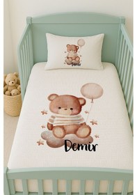 Resim %100 Pamuk İsme Özel İsimli 100x150 Cm Pike Seti Bulut Üstünde Balonlu Ayıcık 