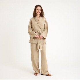 Resim Miespiga %100 Pamuklu Dokuma Şal Yaka Müslin Kimono-pantolon Alt Üst Takım Bej 
