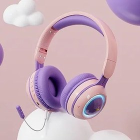Resim Plyisty Çocuklar için kablosuz kulak üstü kulaklık, çıkarılabilir mikrofonlu kulaklık, RGB ışık, ayarlanabilir kafa bandı, çevrimiçi öğrenme için (mor) 