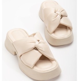 Resim Küçük Taş Detaylı Kalın Taban Çapraz Cilt Bej Kadın Dolgu Topuk Terlik-3010-Bej 