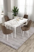 Resim Canisa Ram Serisi 80x132 Açılabilir Mutfak Masası Takımı Beyaz Mermer Desen Masa 4 Kahverengi Sandalye 