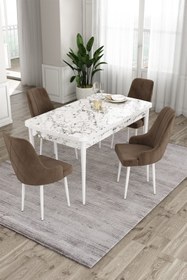 Resim Canisa Ram Serisi 80x132 Açılabilir Mutfak Masası Takımı Beyaz Mermer Desen Masa 4 Kahverengi Sandalye 