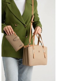 Resim Just Polo Kadın Orijinal Just Polo 5 Bölmeli Şık El & Omuz Çantası Ve Cüzdanı Shoulder Bag 26 X 24 Kum Kombin 