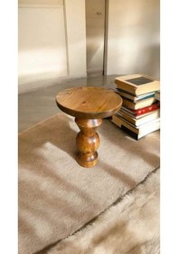 Resim Doğal Masif Ahşap Tekli Yan Sehpa Tik Ağacı Renk Fiskos Kahverengi 