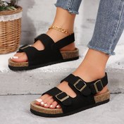 Resim Kadınların Yaz Sandaletleri - Ayarlanabilir Tokalı Kaydırmalı Kaydırmalı, Siyah Mikrofiber Üst ve Kauçuk Taban, Düz Topuk, Rahat Kıyafetler İçin Mükemmel, Kaydırmalı Sandaletler 