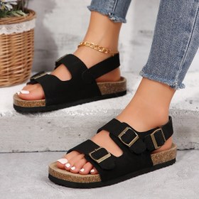 Resim Kadınların Yaz Sandaletleri - Ayarlanabilir Tokalı Kaydırmalı Kaydırmalı, Siyah Mikrofiber Üst ve Kauçuk Taban, Düz Topuk, Rahat Kıyafetler İçin Mükemmel, Kaydırmalı Sandaletler 