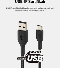 Resim Belkin BoostCharge Örgülü USB C şarj kablosu, USB-C - USB-A ara kablosu, iPhone 16, 15, Samsung Galaxy S24, S23, Pixel, iPad, MacBook, Nintendo Switch vb. için USB Type-C şarj kablosu - 15 cm, Siyah 