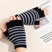 Resim Kadınlar İçin Yarım Parmak Eldiven - Siyah & Gri Çizgili Termal Kışlık Eldivenler, Esnek Dokunmatik Uyumlu Bisiklet ve Günlük Kullanım için, Dayanıklı Jakar Tasarım, Soğuk Hava Aksesuarları 