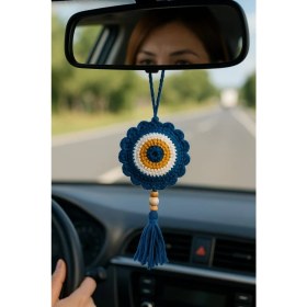 Resim Amigurumi Araba Dikiz Aynası Süsü & Anahtarlık & Çanta Askısı - El Örgüsü Lacivert Nazar Boncuğu 
