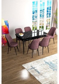 Resim Canisa Han Serisi 70x114 Açılabilir Mdf Mutfak Masası Takımı Siyah Mermer Desen Masa 6 Gül Kurusu Sandalye Masa Siyah Mermer Sandalyeler Gülkurusu 