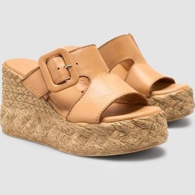 Resim %100 Hakiki Deri Taba Dolgu Topuk Kadın Terlik Fındık 