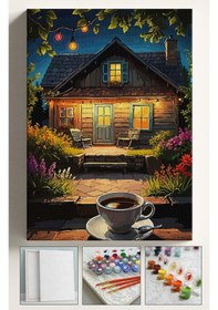 Resim Sayılarla Boyama Seti Numaralı Tuval Fırça Boya 40x50 Cm - Kahve Ve Ev 