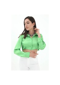 Resim Beli Lastikli Saten Gömlek - Yeşil-yeşil Yeşil 