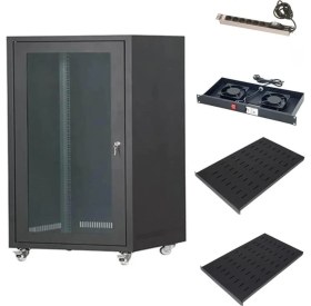 Resim Setrack 19'' 16U 600X600 Camlı Tekerlekli Rack Kabinet+Fan+2 Adet Sabit Raf+Priz 