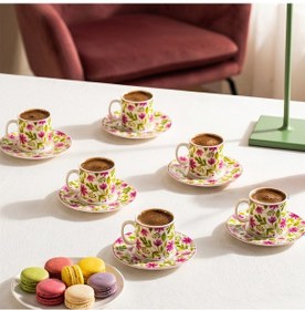 Resim Porsima 0784 12 Parça Porselen Türk Kahve Fincan Takımı - Çiçek Desenli Kahve Fincan Seti - 90ml Çok Renkli 