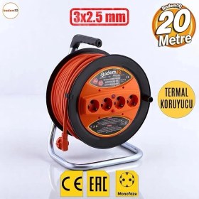Resim AyrStore Makaralı Uzatma Kablosu 3x2.5 mm 20 Metre Plastik Seyyar Makara 4 Prizli Monofaze Termal Sigortalı 