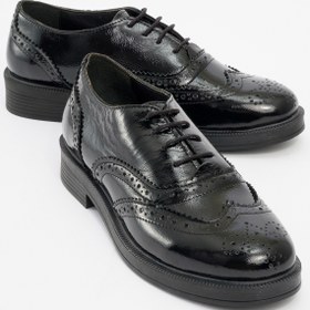 Resim LuviShoes AVRA Siyah Rugan Hakiki Deri Kadın Oxford Ayakkabı 