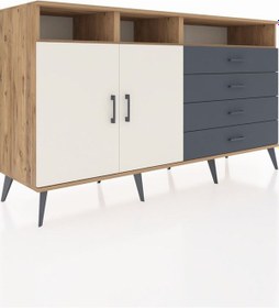 Resim Kronos Konsol 5 Raflı 4 Çekmeceli 2 Kapaklı 176x59x99 Çam-aytaşı/antrasit Aytası/antrasıt - Atlas Çam 