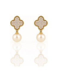 Resim 14k Gold Plated Pearl Clover Drop Küpe Gold 