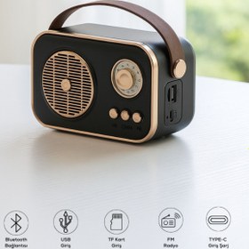 Resim teknotrust Retro Radyo, Bluetooth, USB, TF Kart, FM, Siyah, Küçük Boy, Nostaljik Görünüm 