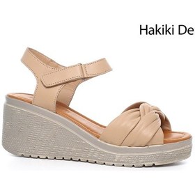 Resim Gönderi R Vizon Bilekten Cırt Bantlı Dolgu Topuklu Hakiki Deri Sandalet Vizon 