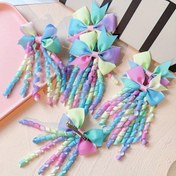 Resim 2 Adet Gökkuşağı Kıvırcık Püskül Saç Tokası - Pastel Gradyan Grosgrain Kurdeleli Tokalar, Sevimli Saç Aksesuarları, Doğum Günü Partisi Günlük Kıyafetler İçin, Şık Saç Süsleri, Yumuşak Dokulu Kurdelalar 