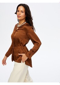 Resim Faik Sönmez Beli Kuşaklı Kapüşonlu Krinkıl Saten Tunik W26tnk016 Uw26tnk01630 Kahve 