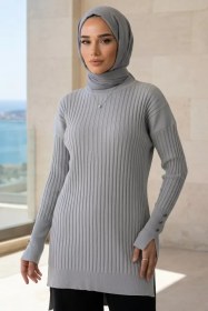 Resim Gülseli Bisiklet Yaka Tesettür Triko Tunik Gri TZL-P-00020375 