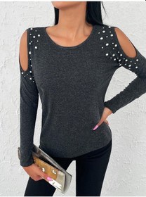 Resim Bisiklet Yaka Omuz Dekolteli Inci Motifli Uzun Kol Bluz Antrasit 