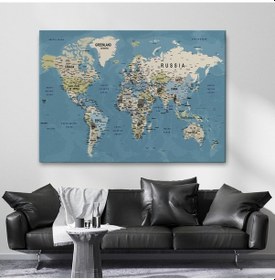 Resim Es10 Dünya Haritası Son Derece Ayrıntılı Eğitici ve Öğretici Okyanuslu Kanvas Tablo-2523 (95 x 165) 