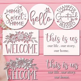 Resim 5 adet Hoş Geldiniz Şablon Seti - Yeniden Kullanılabilir DIY Harf Sanat Şablonları, Scrapbooking, Logolar, Gömlek Kanvası, Duvarlar, Mobilyalar, Zemin Dekoru için Uygun 