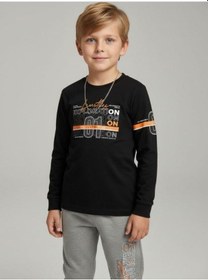 Resim Zekids Erkek Çocuk Pamuklu Yazı Baskılı Pijama Takımı-16817 Siyah 