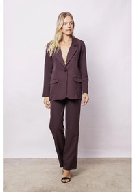 Resim Kadın Yakalı Cep Kapaklı Uzun Kol Hafif Likralı Kumaş Oversize Blazer Ceket Pantolonu Jument 40075 -kahve Kahve 