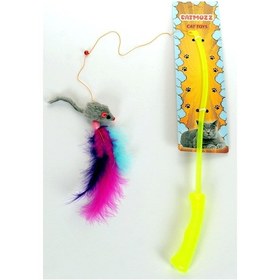 Resim Catmozz Özel Tüylü Zilli Fareli Plastik Saplı Kedi Oyuncağı Oltası 50 CM 