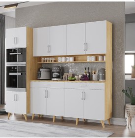 Resim Lora Kahve Köşesi Çok Amaçlı Dolap Kiler Mutfak Dolabı Meşe Beyaz 220cm Meşe Beyaz 