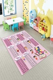Resim Pelangi Pembe Çarpım Tablolu Eğitici Yıkanabilir Kaymaz Taban Leke Tutmazbebek Ve Çocuk Odası Halısı, Koyu Pembe 80 x 150 