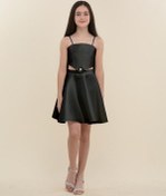 Resim Kız Çocuk Parlak Kumaş Dekolte Detaylı Kısa Abiye Elbise-15839 Siyah 