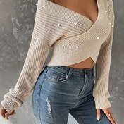 Resim İnci Detaylı Düzensiz V Yaka Kadın Kazak 