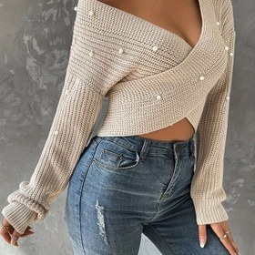 Resim İnci Detaylı Düzensiz V Yaka Kadın Kazak 