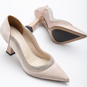 Resim Saten Kalın Sıra Taşlı Ten Kadın Kadeh Topuk Stiletto-2536 Ten 