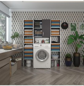Resim Kenzlife Çamaşır Makinesi Dolabı Sinemmaksduble Gri 180 126 30 Banyo Kapaklı Arkalıklı Raflı Çok Renkli 
