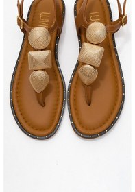 Resim Luvishoes Luvi Shoes Helen Taba Hakiki Deri Parmak Arası Gold Tokalı Kadın Sandalet Taba 
