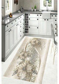 Resim Makinede Yıkanabilir Leke Tutmaz Dijital Baskı Pvc Kaymaz Çiçek Desenli Mutfak Halısı Çok Renkli 