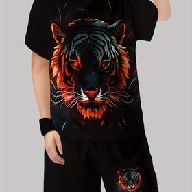 Resim Çocuklar için Rahat 3D Baskılı Tigris Grafik T-Shirt ve Şort Seti - Canlı Kırmızı ve Turuncu Tigris Tasarımı ile Siyah, Kısa Kollu Kazak ve Şort, Dış Mekan Aktiviteleri için, Dış Mekan Oyun Kıyafeti | Canlı Grafik Kazak | Polyester Kumaş 
