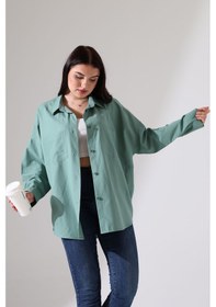 Resim Yeni Sezon Poplin Kumaş Çift Cepli Oversize Pamuklu Kadın Tunik Gömlek Yeşil 