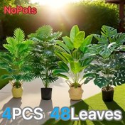 Resim 4'lü set simüle ağaç, geniş yapraklı tropik yağmur ormanı dekoratif ağacı, yıl boyu iç ve dış mekan saksı bitkisi, otel bahçesi, avlu Nordik tarzı sahte ağaç, yer yerleştirme, yeşil yelpaze mimari stil, fotoğraf çekimi aksesuarları 